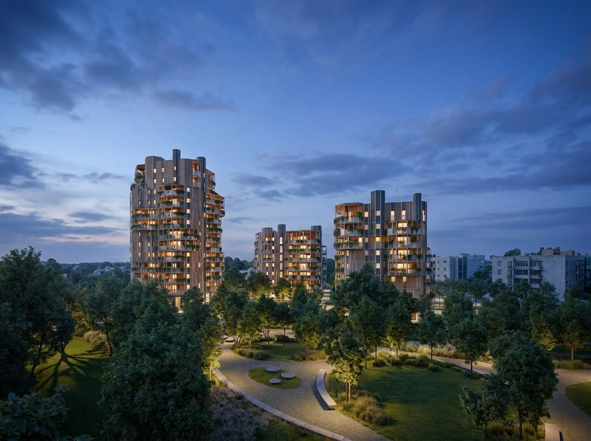 Vimercate 2 — vista serale delle torri e del parco